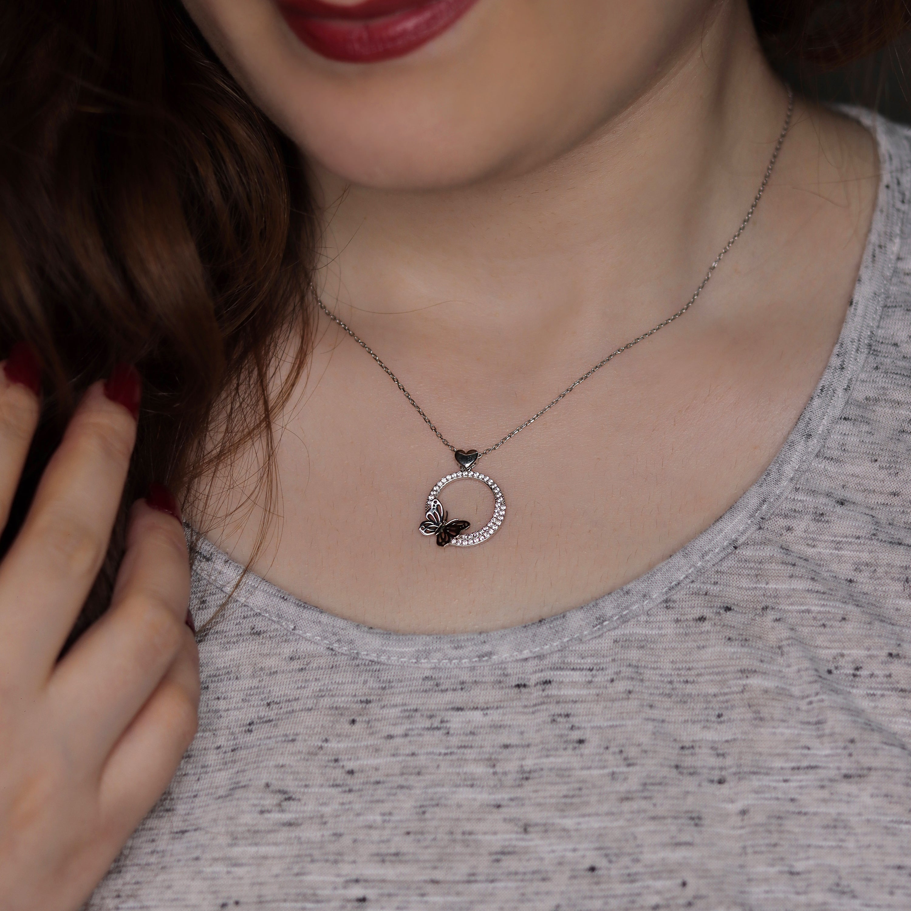 Pave CZ Butterfly & Heart Sterling Silver Necklace