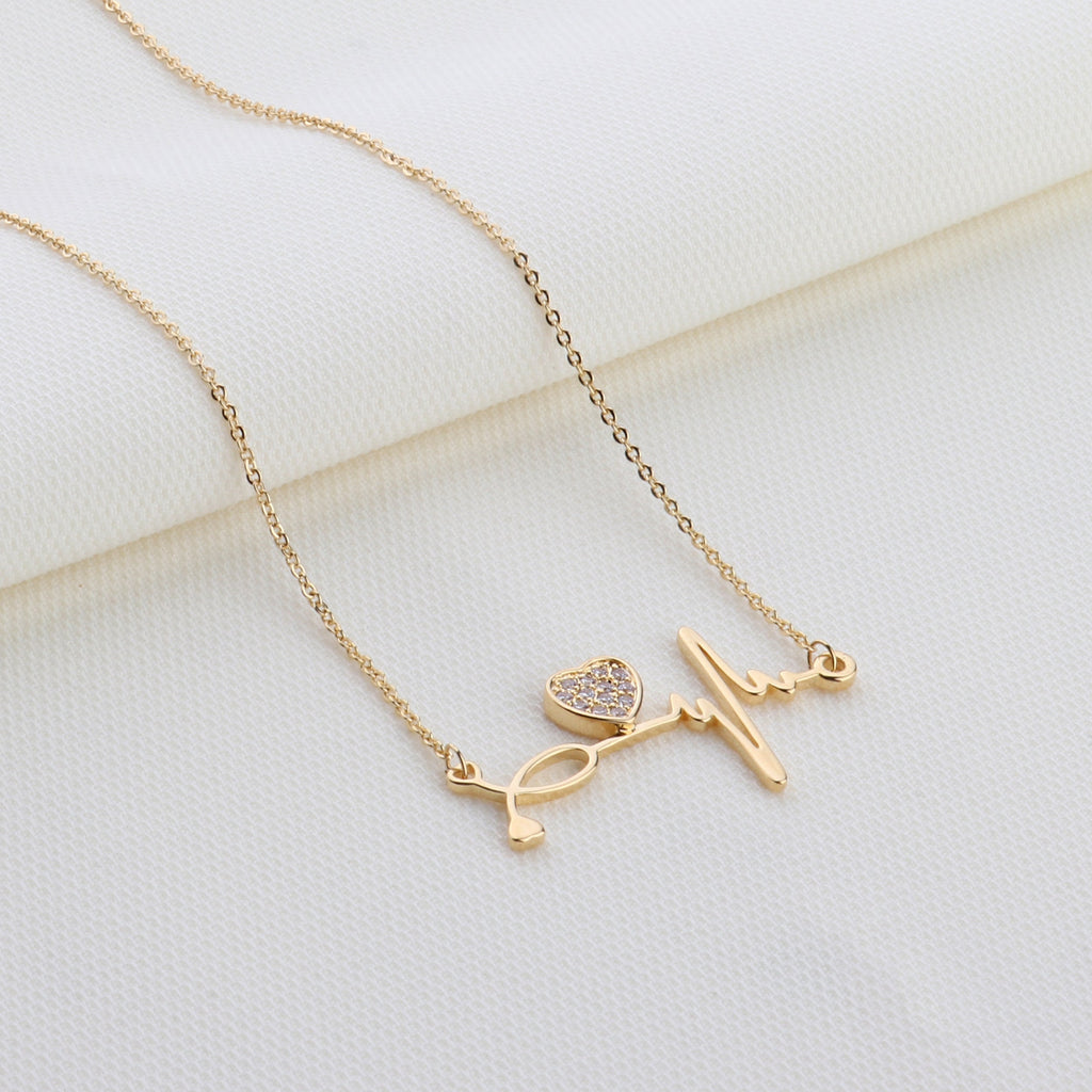 Pave CZ Heart & Heartbeat Necklace