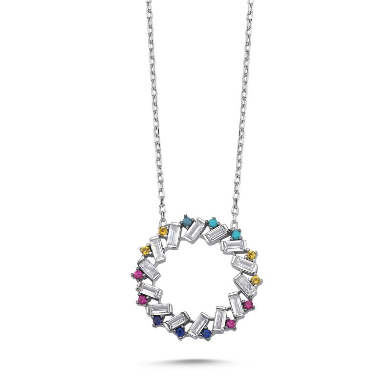 925 Sterling Silver Sunburst Circle Pendant Necklace with Colorful Round CZs & Clear Baguette Stones for Women