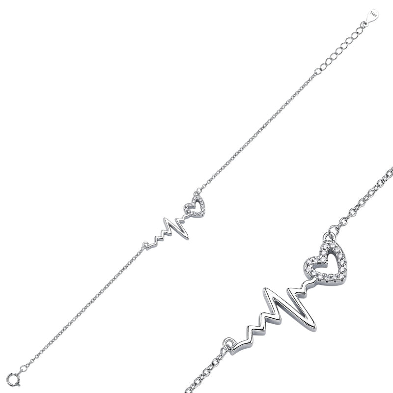 925 Sterling Silver Heartbeat Line & Heart CZ Bracelet – Sparkling Cubic Zirconia Romantic Pulse Chain Bracelet