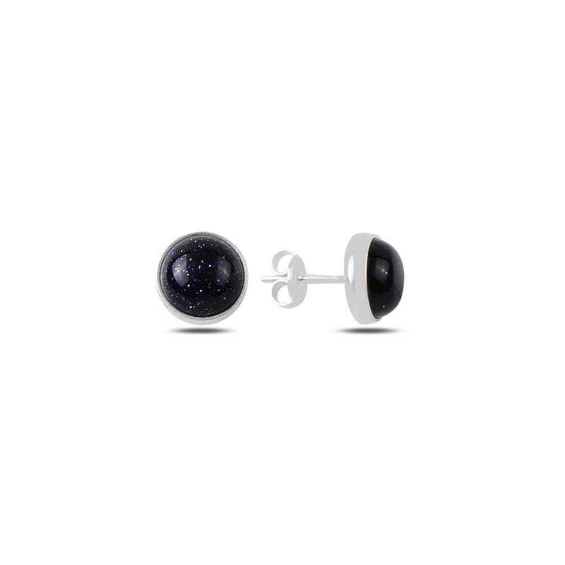 Sterling Silver Round Blue Goldstone Solitaire Stud Earrings – Deep Navy Sparkle for a Magical Everyday Look