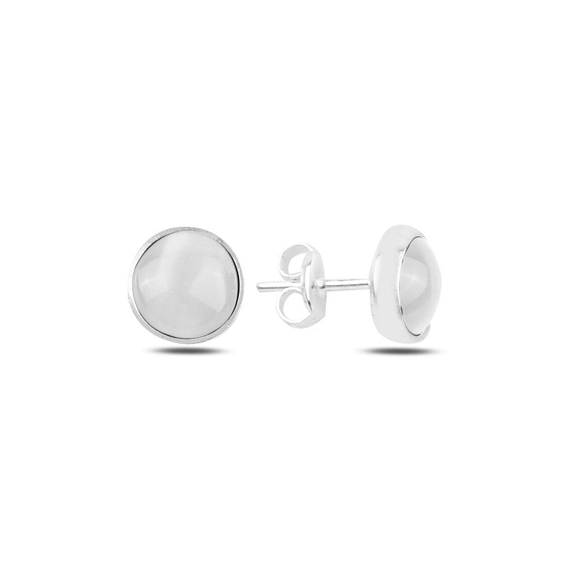 Sterling Silver Round White Cat's Eye Stud Earrings – Sleek, Subtle Shine with Classic Elegance for Everyday Wear