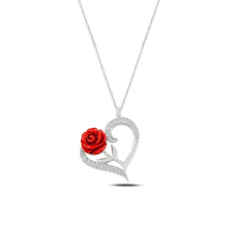 Red Rose Flower CZ Heart Sterling Silver Necklace