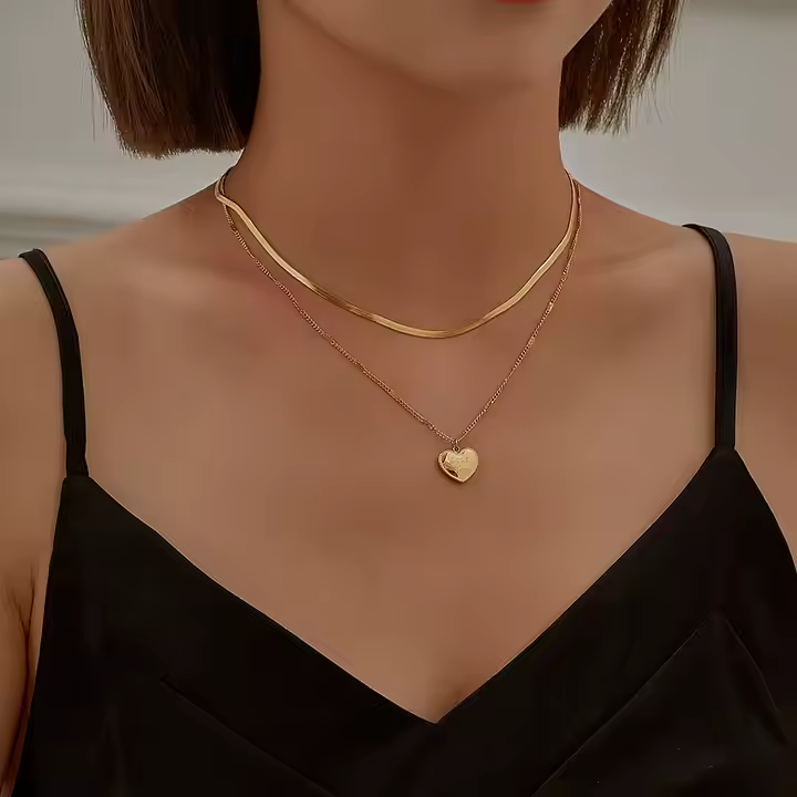 18K Gold Stainless Steel Double Layer Necklace with Heart Pendant & Flat Herringbone Chain – Trendy Layered Look