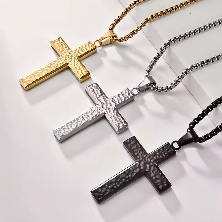 Men’s Hammered Stainless Steel Cross Necklace – Religious Pendant with Box Chain in Silver, Gold, or Black Finish
