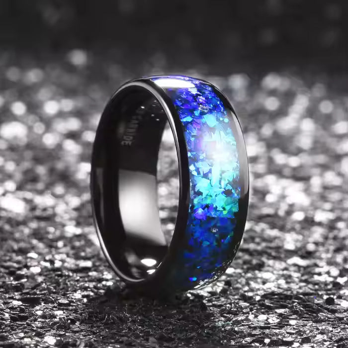 8mm Black Tungsten Carbide Wedding Band – Crushed Blue Purple Shell Inlay Ring – Durable Comfort Fit for Men & Women