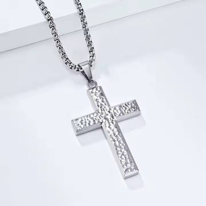 Men’s Hammered Stainless Steel Cross Necklace – Religious Pendant with Box Chain in Silver, Gold, or Black Finish