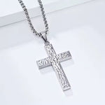 Men’s Hammered Stainless Steel Cross Necklace – Religious Pendant with Box Chain in Silver, Gold, or Black Finish