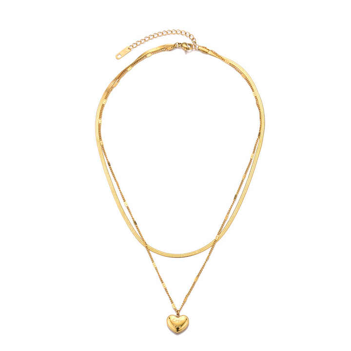 18K Gold Stainless Steel Double Layer Necklace with Heart Pendant & Flat Herringbone Chain – Trendy Layered Look
