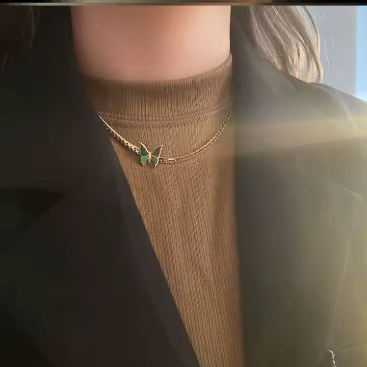 Gold Plated Stainless Steel Green Enamel Butterfly Necklace – Snake Chain Choker for Trendy Layered Looks