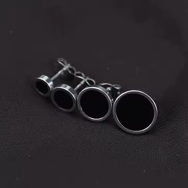 Black Oil Drip Stainless Steel Stud Earrings for Men and Women, Round Minimalist Glossy Enamel Design