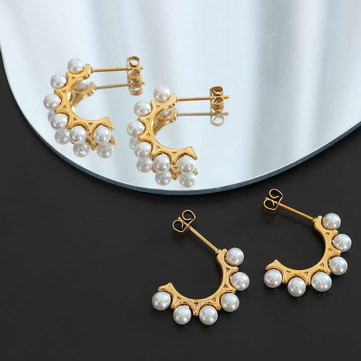 18K Gold Plated C-Shape Pearl Huggie Earrings for Women, Stainless Steel Minimalist Hoop in Gold or Silver Finish