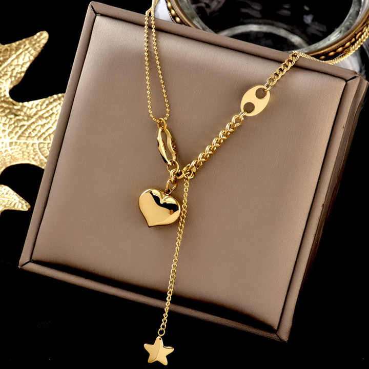 Gold Plated Stainless Steel Double Layer Lariat Necklace with Star, Heart & Symbol Charms – Minimalist Fashion Statement Jewelry