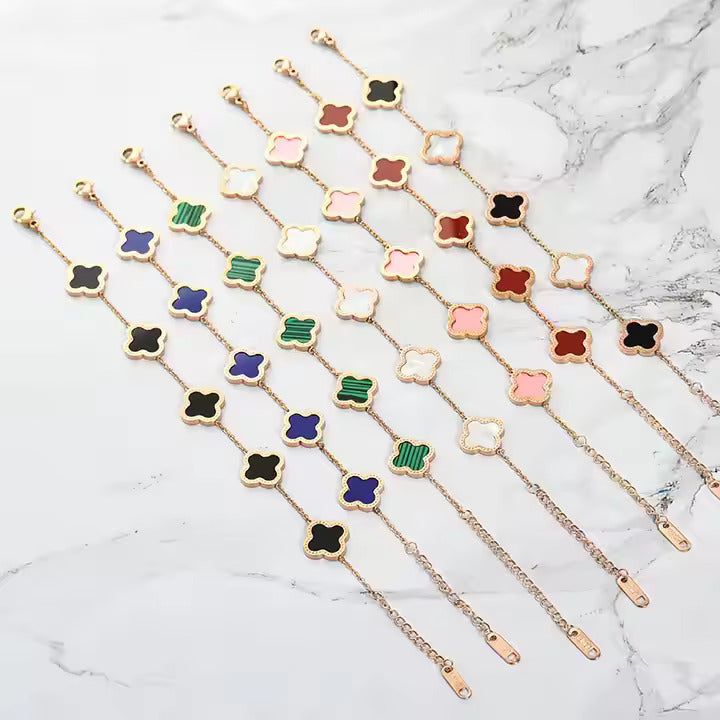 Gold Stainless Steel Clover Bracelet – Pink, White & Black Crystal Inlay – Dainty 4-Leaf Design for Layered Looks