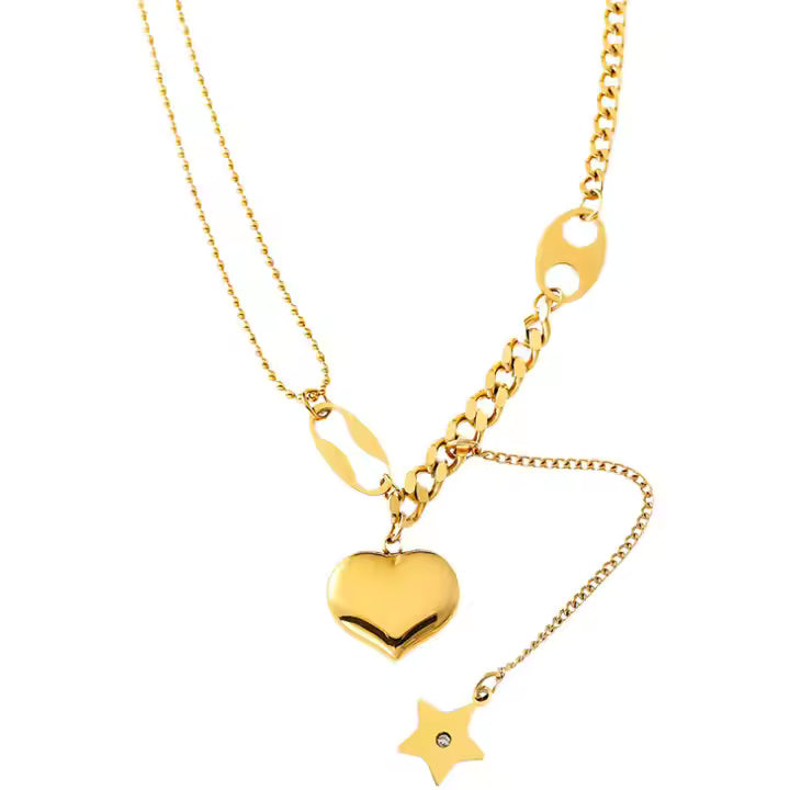 Gold Plated Stainless Steel Double Layer Lariat Necklace with Star, Heart & Symbol Charms – Minimalist Fashion Statement Jewelry