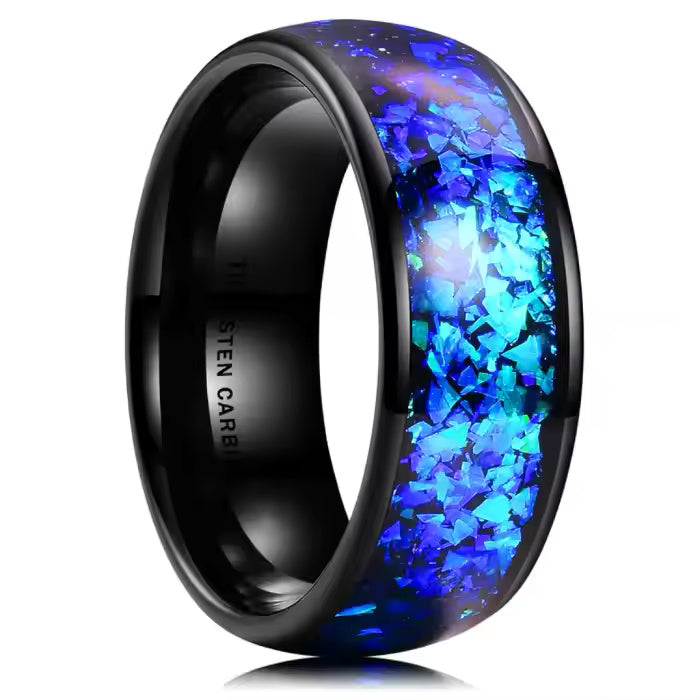 8mm Black Tungsten Carbide Wedding Band – Crushed Blue Purple Shell Inlay Ring – Durable Comfort Fit for Men & Women