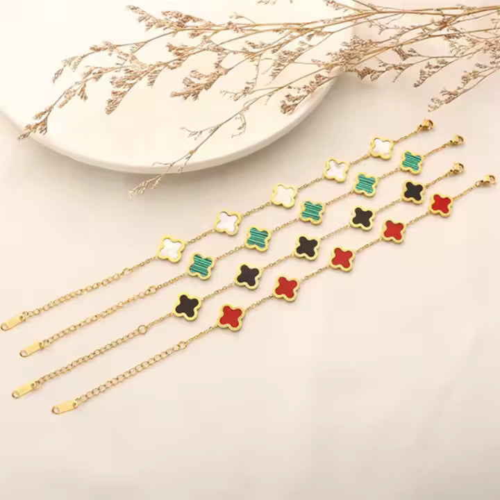 Gold Stainless Steel Clover Bracelet – Pink, White & Black Crystal Inlay – Dainty 4-Leaf Design for Layered Looks