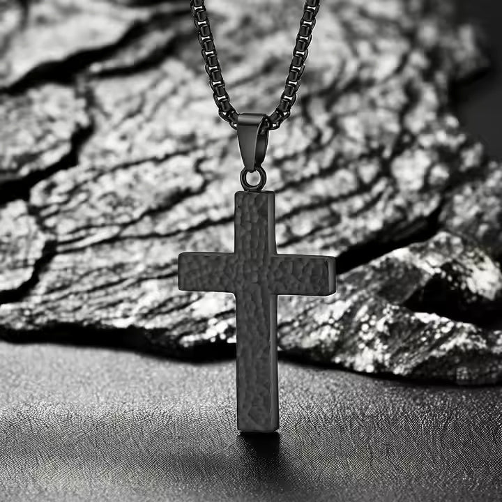Men’s Hammered Stainless Steel Cross Necklace – Religious Pendant with Box Chain in Silver, Gold, or Black Finish