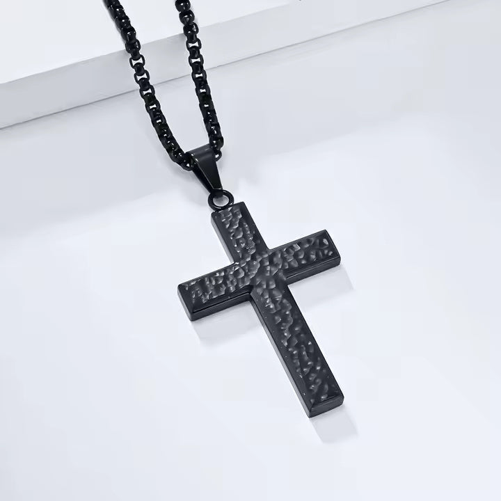 Men’s Hammered Stainless Steel Cross Necklace – Religious Pendant with Box Chain in Silver, Gold, or Black Finish