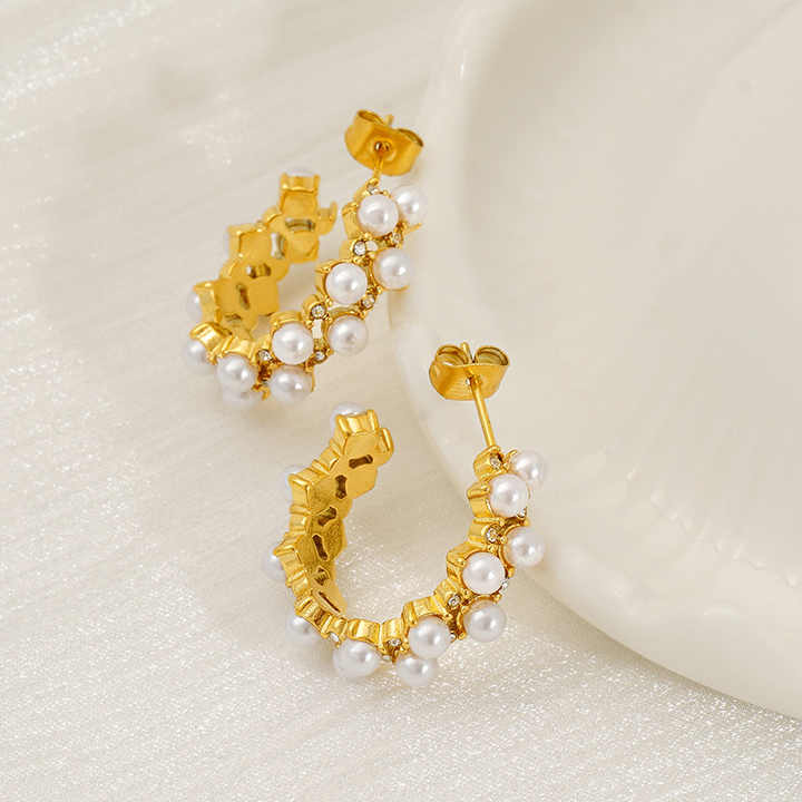 Gold Plated C-Shape Huggie Stud Earrings with Pearl & CZ, Double Line Stainless Steel Hoop Earrings for Women