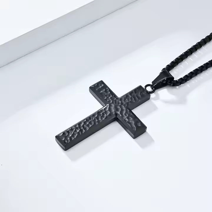 Men’s Hammered Stainless Steel Cross Necklace – Religious Pendant with Box Chain in Silver, Gold, or Black Finish
