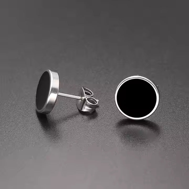 Black Oil Drip Stainless Steel Stud Earrings for Men and Women, Round Minimalist Glossy Enamel Design