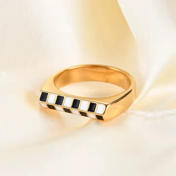 Geometric Checkerboard Enamel Ring – 18K Gold Plated Stainless Steel, Black & White Grid, Bold Rectangle Statement
