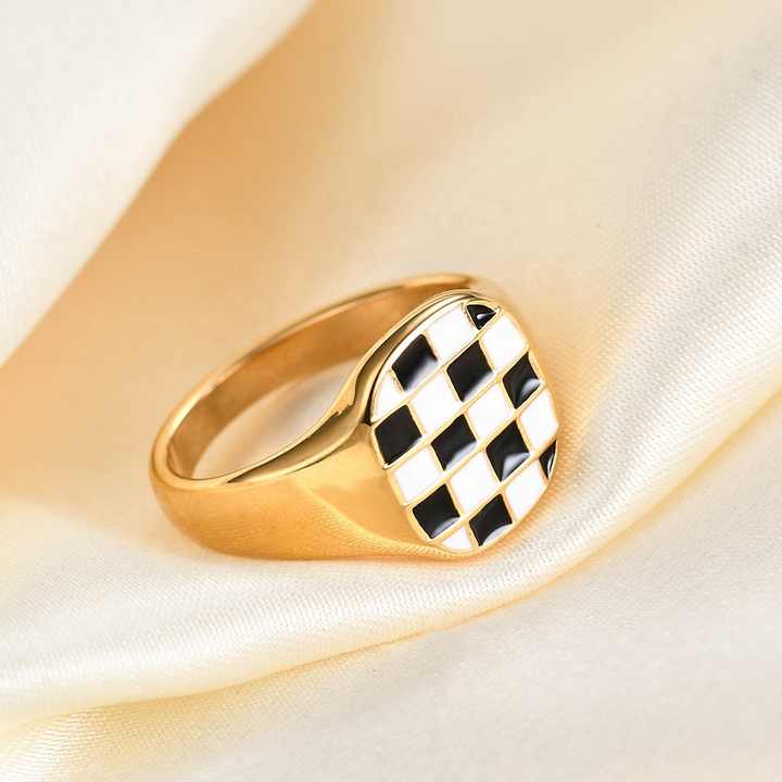 Square Checkerboard Enamel Ring – Black & White Grid, 18K Gold Plated Stainless Steel, Chunky Statement Jewelry