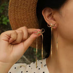 Stainless Steel Bow Tie Stud Earrings with Herringbone Tassel Chain – Elegant Drop Dangle Style in Silver or Gold