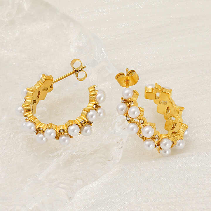 Gold Plated C-Shape Huggie Stud Earrings with Pearl & CZ, Double Line Stainless Steel Hoop Earrings for Women