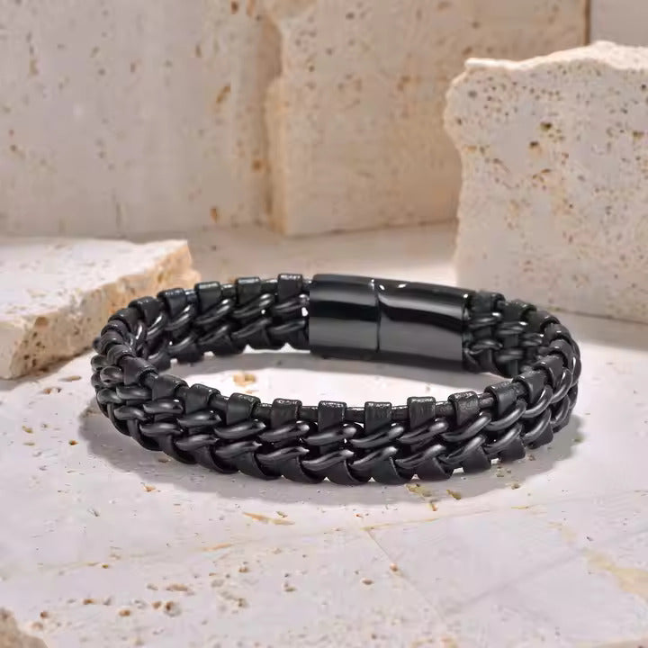 Men's Black Braided with Stainless Steel Leather Bracelet with Magnetic Clasp, Handmade Wristband for Casual and Formal Outfits