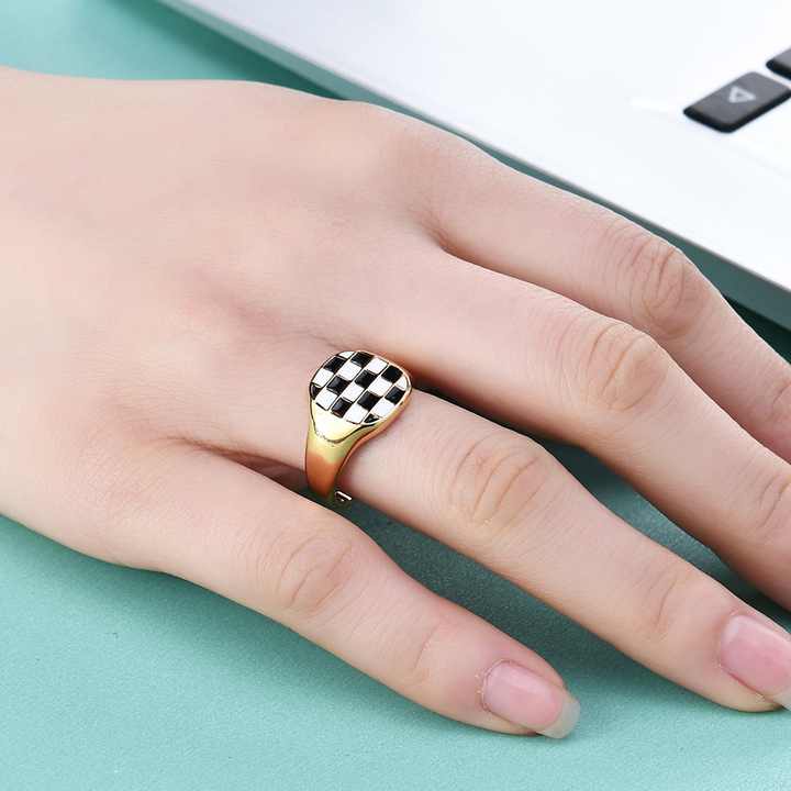 Square Checkerboard Enamel Ring – Black & White Grid, 18K Gold Plated Stainless Steel, Chunky Statement Jewelry