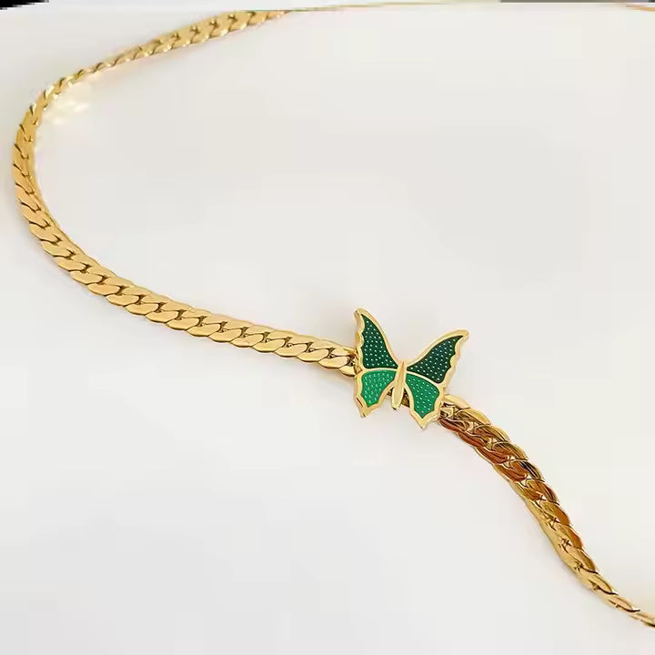 Gold Plated Stainless Steel Green Enamel Butterfly Necklace – Snake Chain Choker for Trendy Layered Looks