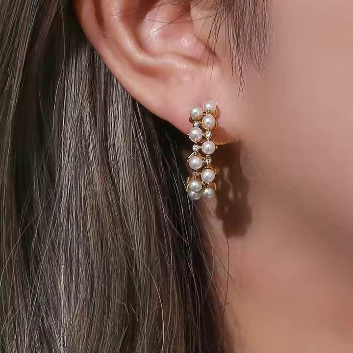 Gold Plated C-Shape Huggie Stud Earrings with Pearl & CZ, Double Line Stainless Steel Hoop Earrings for Women