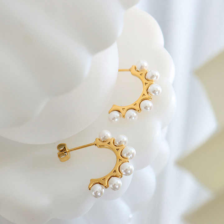 18K Gold Plated C-Shape Pearl Huggie Earrings for Women, Stainless Steel Minimalist Hoop in Gold or Silver Finish