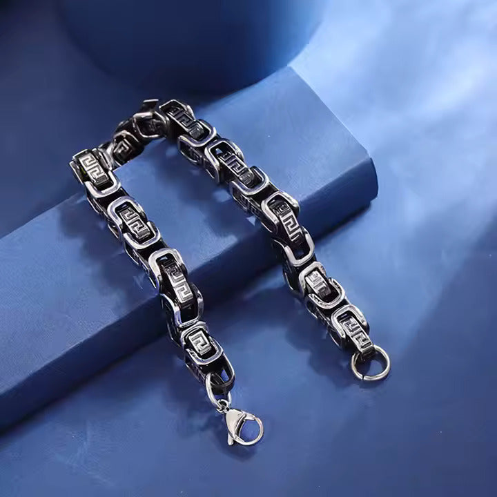 Men’s Stainless Steel Bracelet with Vintage Greek Key Design, Durable Chain Style Jewelry for Punk & Biker Looks