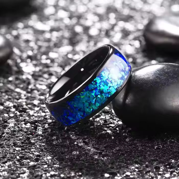8mm Black Tungsten Carbide Wedding Band – Crushed Blue Purple Shell Inlay Ring – Durable Comfort Fit for Men & Women