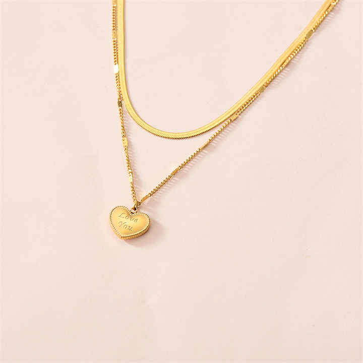 18K Gold Stainless Steel Double Layer Necklace with Heart Pendant & Flat Herringbone Chain – Trendy Layered Look