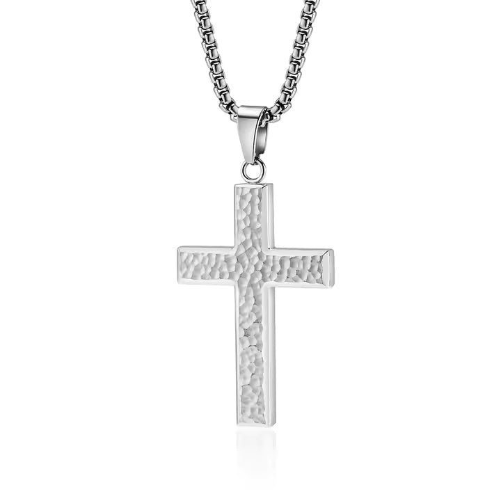 Men’s Hammered Stainless Steel Cross Necklace – Religious Pendant with Box Chain in Silver, Gold, or Black Finish