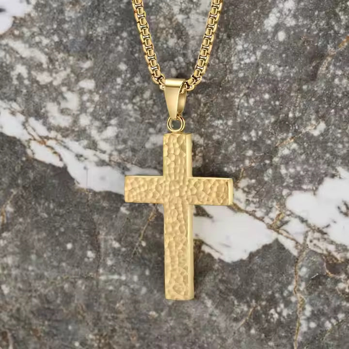 Men’s Hammered Stainless Steel Cross Necklace – Religious Pendant with Box Chain in Silver, Gold, or Black Finish