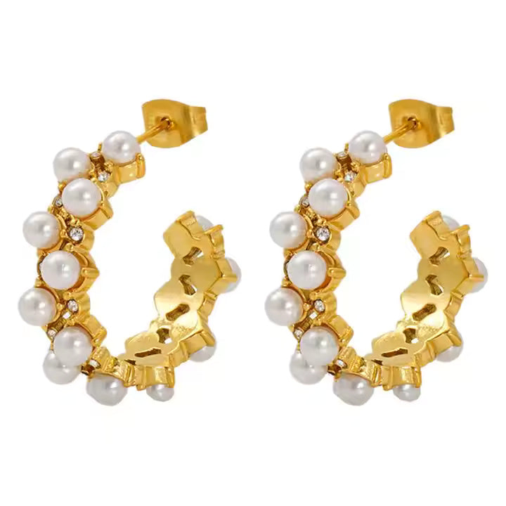 Gold Plated C-Shape Huggie Stud Earrings with Pearl & CZ, Double Line Stainless Steel Hoop Earrings for Women