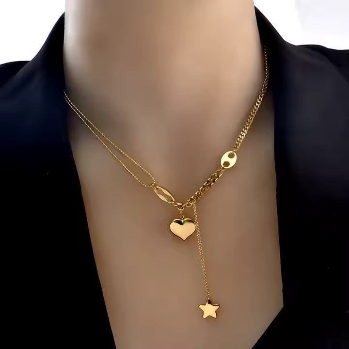 Gold Plated Stainless Steel Double Layer Lariat Necklace with Star, Heart & Symbol Charms – Minimalist Fashion Statement Jewelry