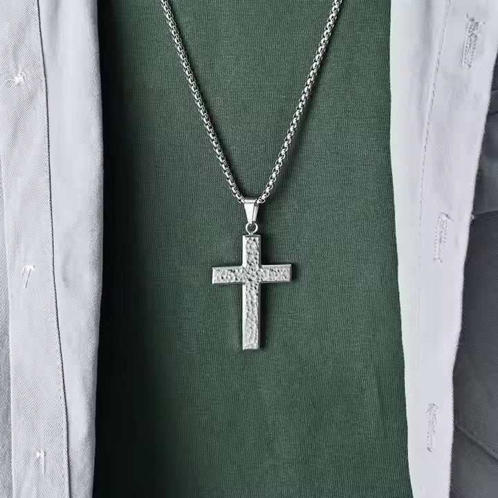 Men’s Hammered Stainless Steel Cross Necklace – Religious Pendant with Box Chain in Silver, Gold, or Black Finish