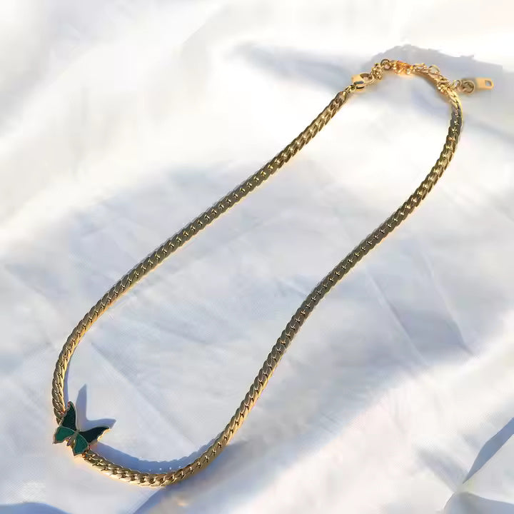 Gold Plated Stainless Steel Green Enamel Butterfly Necklace – Snake Chain Choker for Trendy Layered Looks