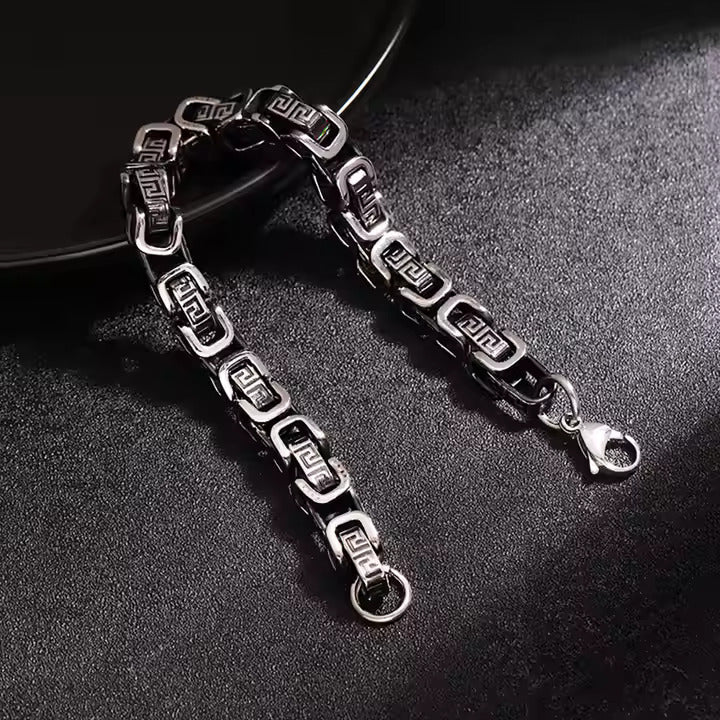 Men’s Stainless Steel Bracelet with Vintage Greek Key Design, Durable Chain Style Jewelry for Punk & Biker Looks