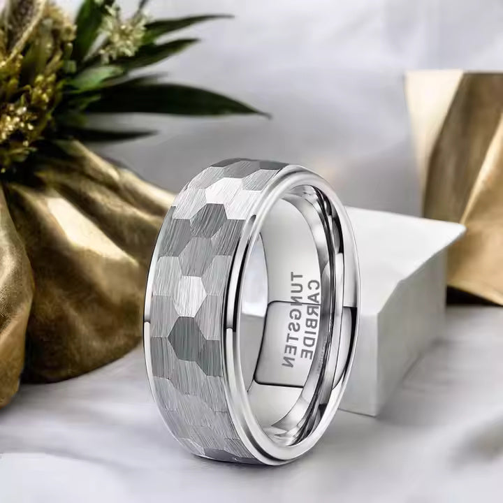 8mm Hammered Tungsten Carbide Wedding Band Ring – Eternity Comfort Fit Ring for Men – Durable & Modern Style