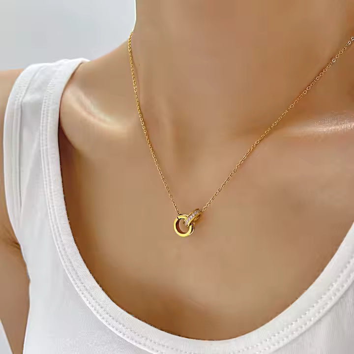 Gold Stainless Steel Double Ring CZ Necklace