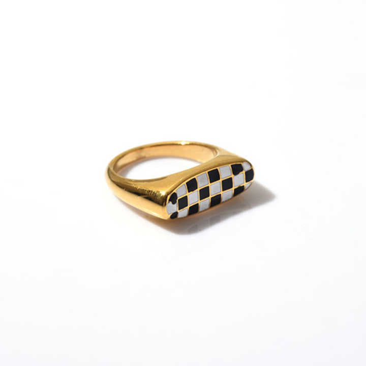 Oval Checkerboard Enamel Ring – 18K Gold Plated Stainless Steel, Black & White Grid Pattern, Bold Statement Style