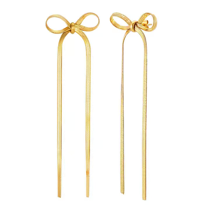 Stainless Steel Bow Tie Stud Earrings with Herringbone Tassel Chain – Elegant Drop Dangle Style in Silver or Gold