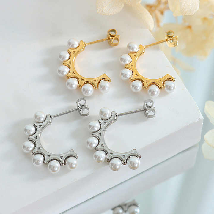 18K Gold Plated C-Shape Pearl Huggie Earrings for Women, Stainless Steel Minimalist Hoop in Gold or Silver Finish